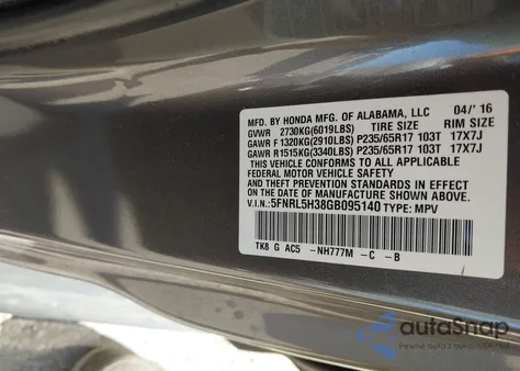 2016 Honda Odyssey Se z USA, uszkodzony, nr VIN 5FNRL5H38GB095140